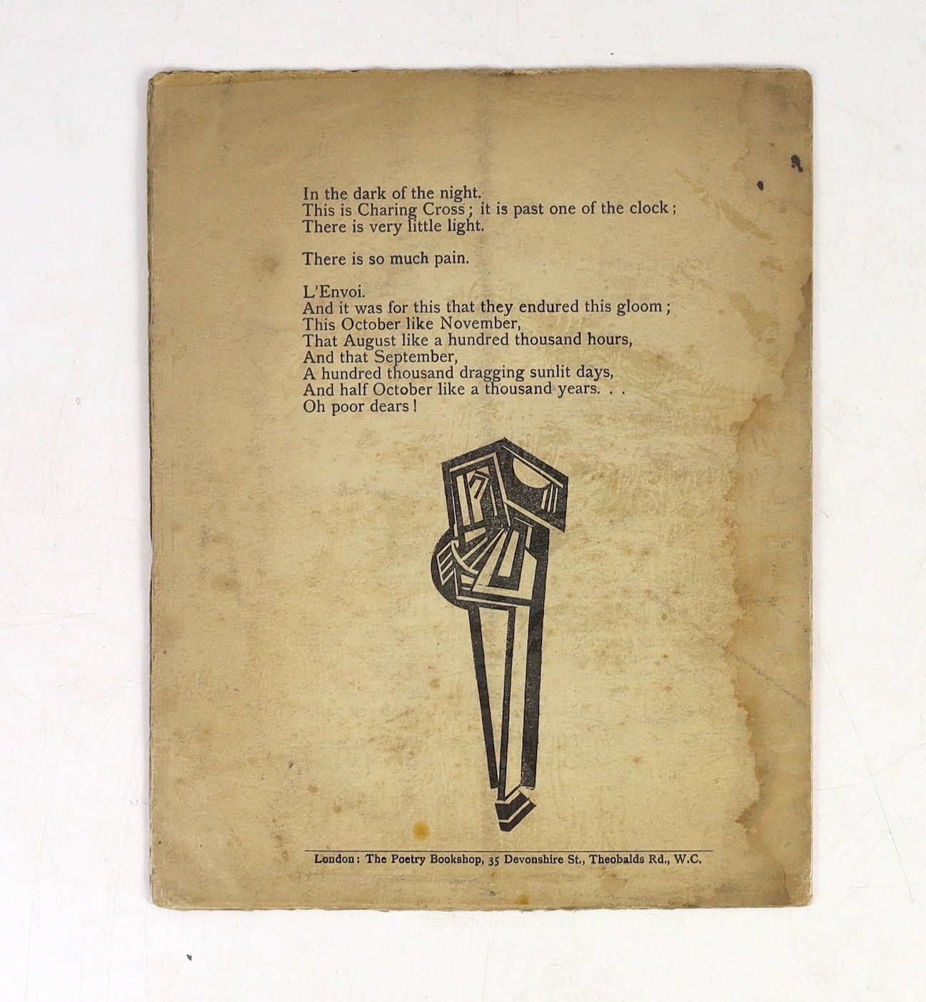 Hueffer, Ford Madox - Antwerp An 8 page pamphlet of poetry, the cover and 2 abstract designs by Wyndham Lewis, The Poetry Bookshop, London, 1915